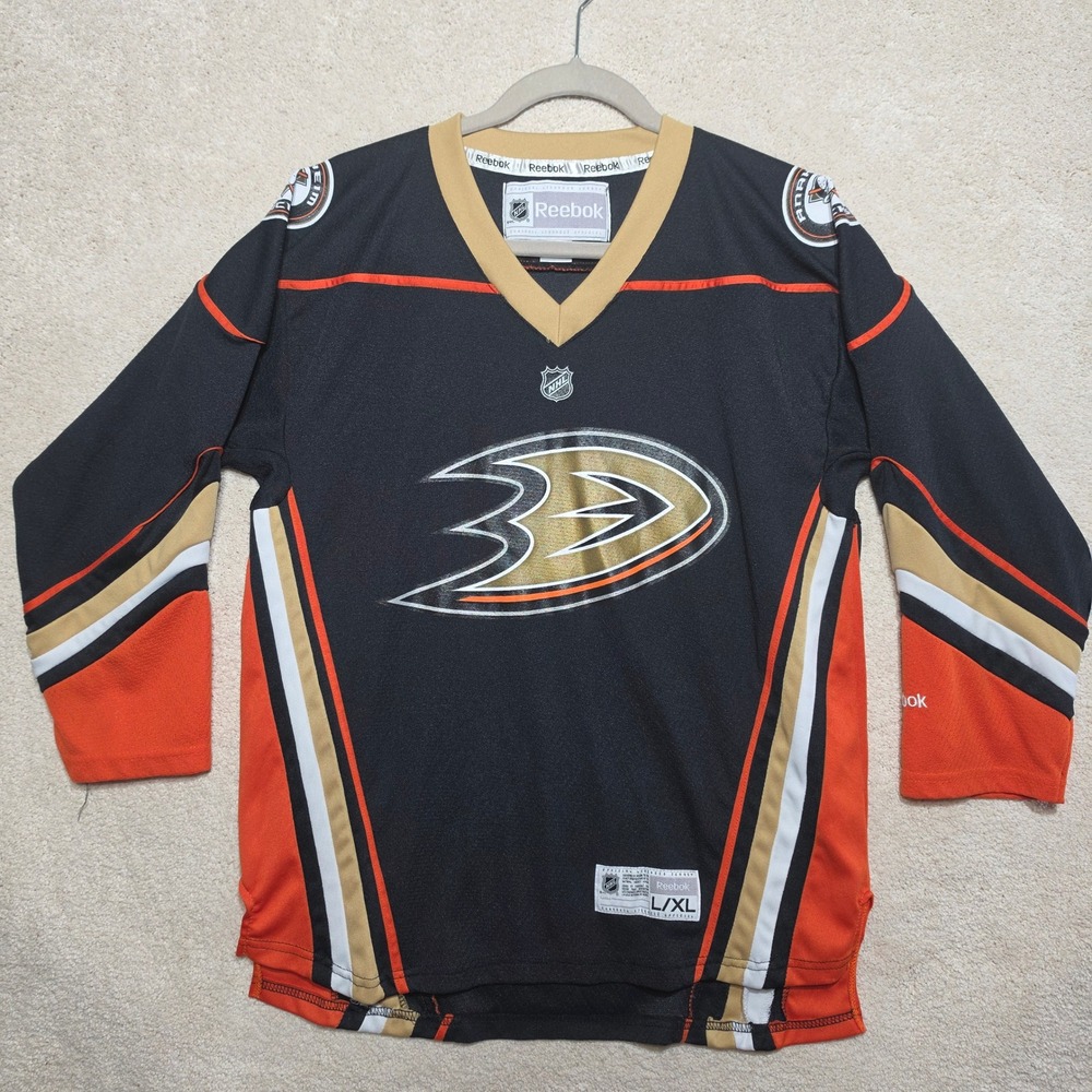Reebok Anaheim Ducks NHL Hockey Jersey Youth L/XL Black Orange Gold V-Neck